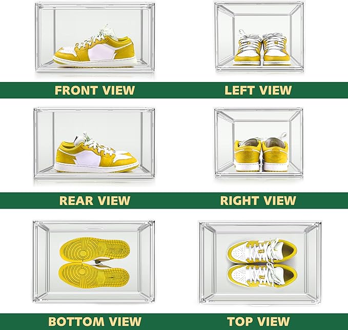 EDS FAM 12 Pack X-Large Acrylic Display Case, Size 14 Clear Shoe Box Stackable Sneaker Display Case with Magnetic Lid Multipurpose Storage Bin for Closet for Purses, Handbags, Cosmetics, Collectibles