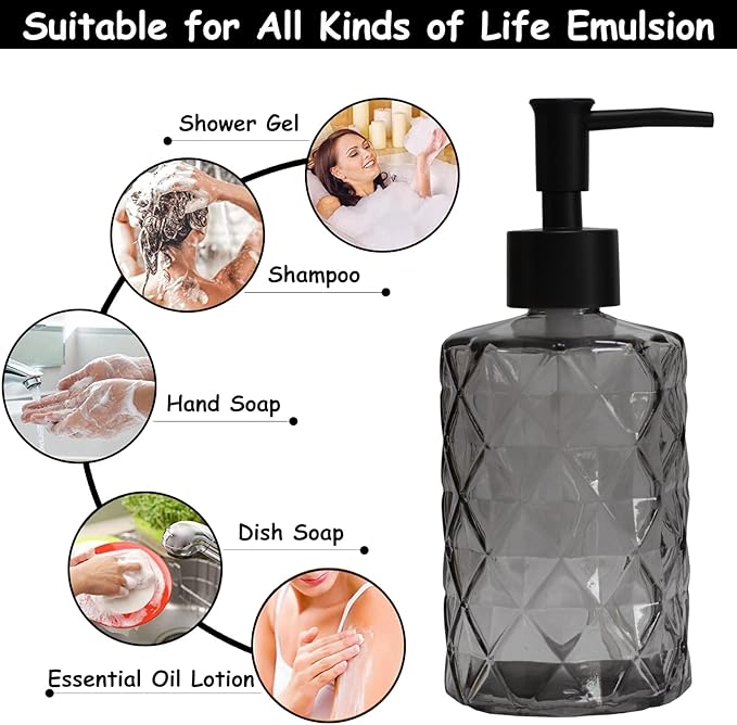 Glass Soap Dispenser with Black Plastic Pump, 12oz Refillable Liquid Hand Soap Dispenser, Crystal Lotion Bottle for Modern Home Decor, Bathroom, Kitchen Countertop, Hotel