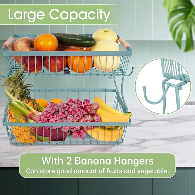 Fruit Basket Bowl 2 Tier Detachable with 2 Banana Hangers, Fruit Stand Holder for Kitchen Countertop, Metal Wire Vegetable Storage Organizer, for Bread Snack Veggies Produce, blue