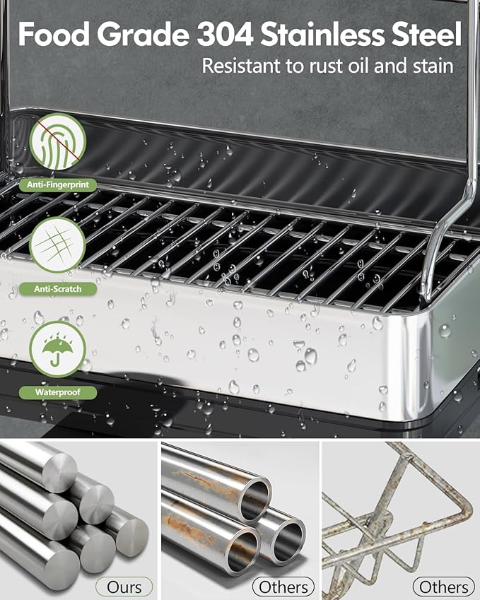 Extra Large Two Tier Stainless Steel Dish Drainer Drying Rack with Drainboard for Kitchen Counter, Modern Black and Silver, Rust Proof Metal, Space Saving Double Countertop Big Plates Dryer and Tray