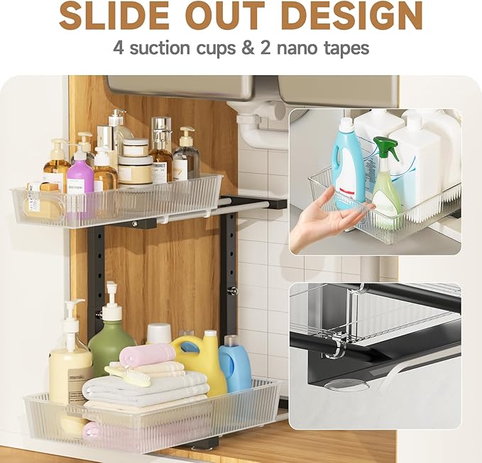 ETOYA Under Sink Organizer 2 Pack Pull Out Bathroom Cabinet Countertop Organizer 2 Tier Slide Out Kitchen Organizers and Storage Bathroom & Laundry Under Under Sink Shelf-Black