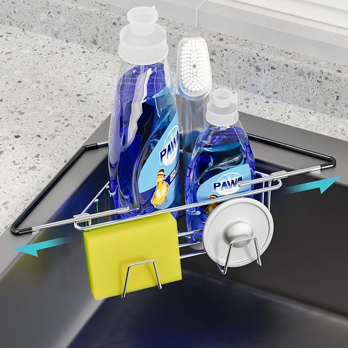 NiHome Extendable Arm Stainless Steel Kitchen Sink Corner Caddy, Easy Install Space-Saving Adjustable Sponge Holder for Most Square Standard Sinks, Non-Slip Rust-Resistant for Brushes, Soap, Sponges