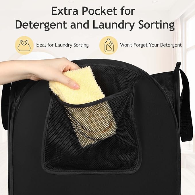 Upgraded Polyester Pop-up Laundry Hamper, 70L(18.5 Gal) Quality Laundry Basket with Durable Handles Solid Bottom High Carbon Steel Frame and Side Pocket, Easy to Open and Fold Flat for Storage