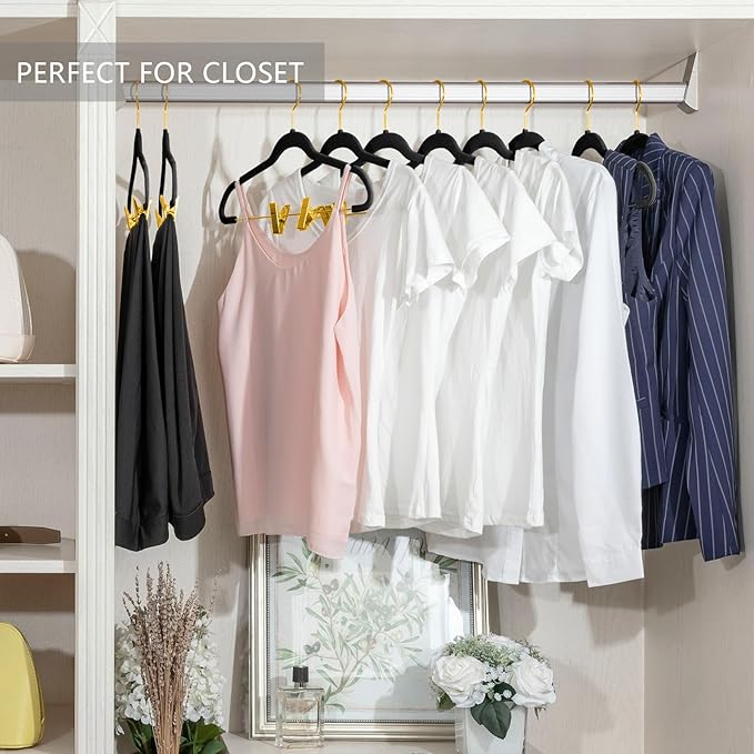 MIZGI Premium Velvet Pants Hangers with Adjustable Clips (Pack of 10) Slim Skirt Hangers- Non Slip Felt Outfit Dress Hangers Black - Gold Hooks,Space Saving Shirt Clothes Hangers