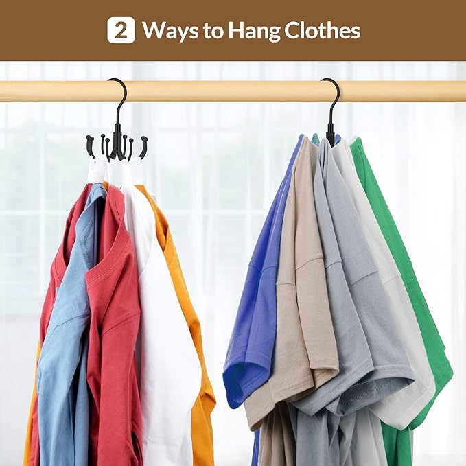 ZEDODIER Space Saving Hangers for Clothes,Rotatable Sturdy Shirt Hangers with 8 Hooks, Non Slip Multiple Shirt Organizer for T-Shirts Sweatshirts Hoodies, Black