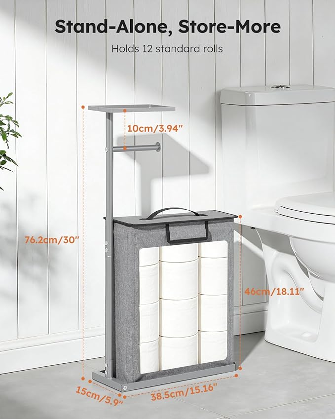 SOLEDI Freestanding Toilet Paper Holder Stand,Bathroom Toilet Paper Storage Organizer with Lid for up to 12 Rolls,Featuring Shelf and Sturdy Metal Base,Gray