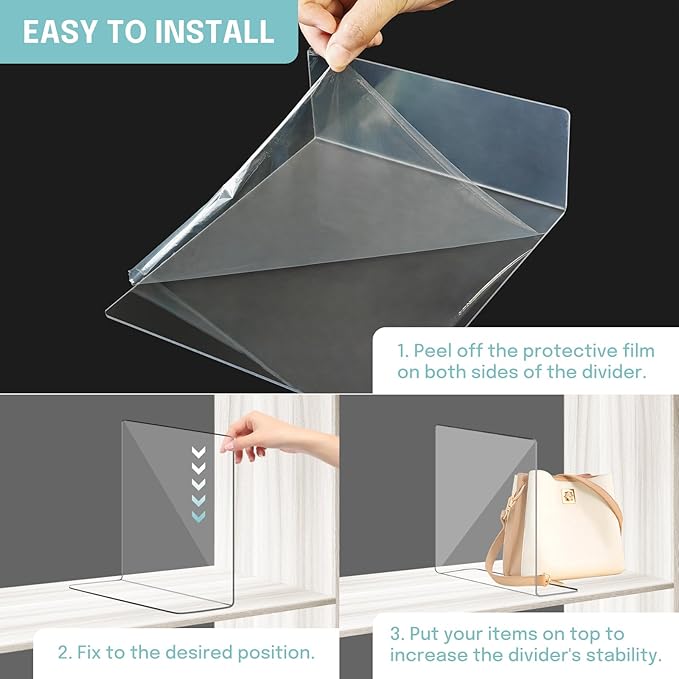 OKPOW Acrylic Shelf Dividers for Closet Organization: 12" Tall x 10" Deep Durable 8 Pack Clear Shelves Separators for Clothing Adjustable Purse Organizer