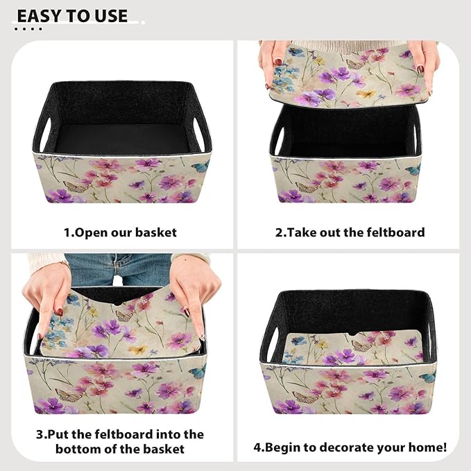 Closet Storage Bins 2 Pcs Felt Open Home Storage Containers Organizer with Handles Collapsible Shelf Basket for Home Office Craft Room Classroom Fabric Watercolor Pink Purple Flowers Butterfly