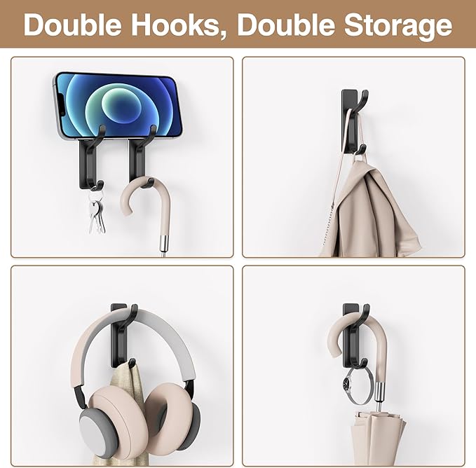 pickpiff Adhesive Wall Coat Hooks - Heavy Duty Stick-On Door Hanger, Metal Hook for Hanging Towel,Purse, Robe, Backpack, Jacket, Clothes - for Bathroom,Dorm, Closet, Kitchen - Black, 4 Pack