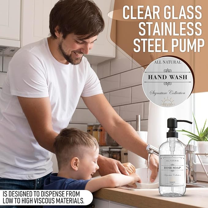 2 Pack Clear Glass Soap Dispenser 16 OZ with Matte Black Stainless Steel Pump, Hand and Dish Soap Dispenser Set for Bathroom and Kitchen Sink with 6 Waterproof Labels