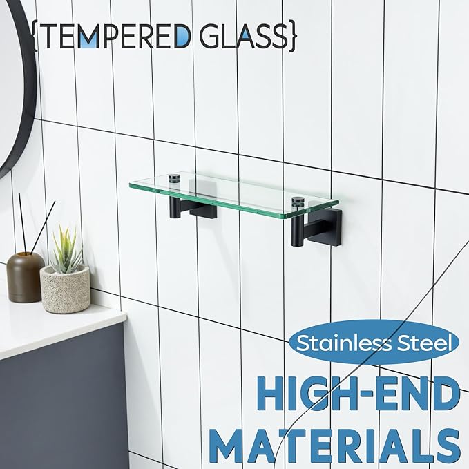 KOKOSIRI Bathroom Shelves Glass Floating Shelf 12-Inch for Bedroom, Living Room, Kitchen, Small Hanging Rack Rustproof Wall Mounted Black B1105BK-L12