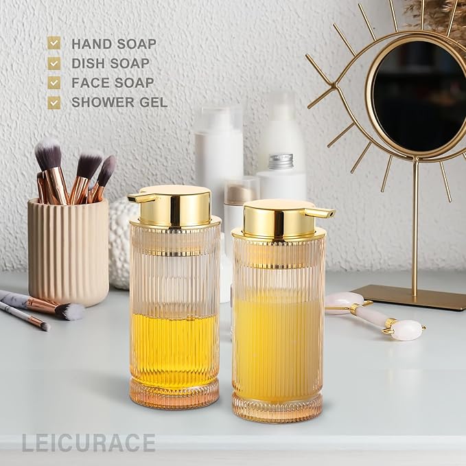 Glass Liquid Soap Dispenser, Refillable Liquid Dispenser with Gold Pump, Hand Soap Dispenser for Bathroom Kitchen, Modern Home Bathroom Kitchen Decor （Liquid Type/Clear）