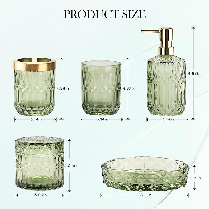 Bathroom Accessory Set 5 Pcs, Glass Bathroom Set Include Soap Dish, Toothbrush Holder, Mousewash Cup, Soap Dispenser, Cotton Swab Jar, Green
