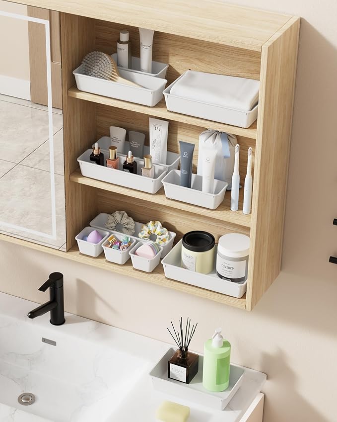 25 PCS Plastic Drawer Organizers Set, 4-Sizes Vanity and Makeup Organizer, Desk and bathroom Drawer Organizer Trays, Organizers and Storage for Makeup, Jewelry, Gadgets, Utensils (White)