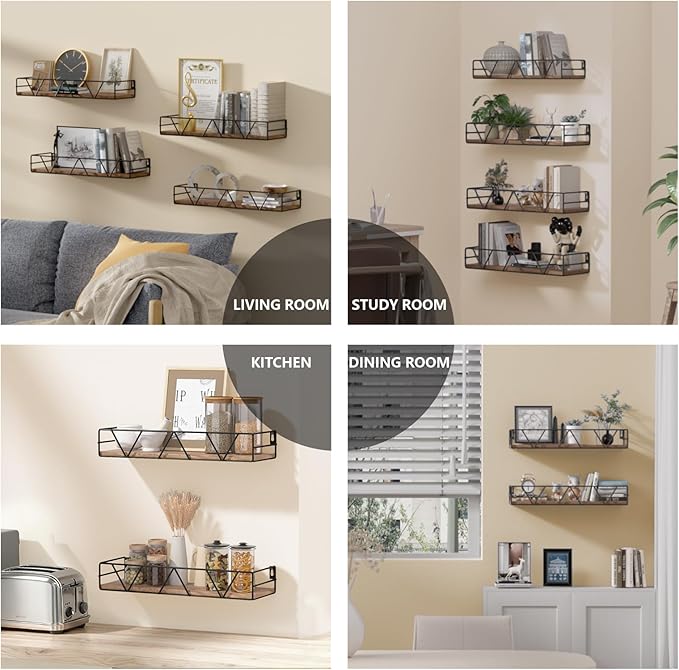 Floating Shelves Set of 4, Home Wood Wall Shelf, Farmhouse Shelf for Bedroom, Wall Mounted Floating Shelf for Living Room, Bedroom, Bathroom, Kitchen, Office (Brown)