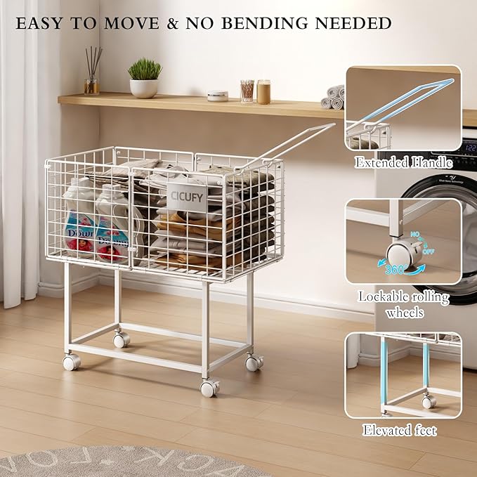 Rolling Laundry Cart, 80L Wire Laundry Hamper Basket on Wheels, Dirty Clothes Basket with Handle, Metal Clothes Hamper Organizer for Laundry Room, Bathroom, Bedroom, Dorm, White