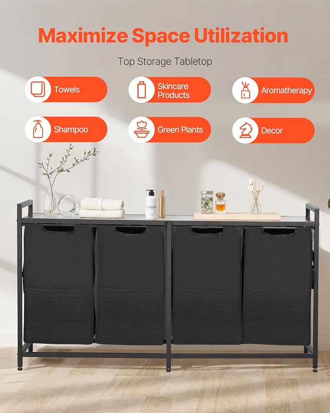 VEVOR 4 Section Laundry Sorter, Large Laundry Hamper with Metal Frame and Wooden Tabletop, Freestanding Storage Organizer Baskets with Pull-Out 600D Oxford Cloth Bags for Dirty Clothes, Bathroom