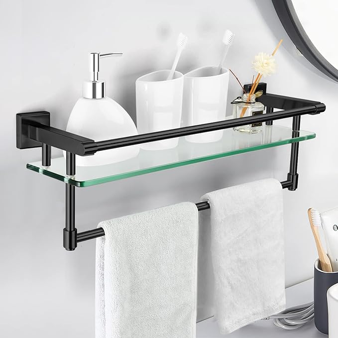 SFGSOWOR 20-inch Glass Shelf with Towel bar, Matte Black-Finished Rail, Rectangular Stainless Steel Shelf, Wall-Mounted Storage Rack