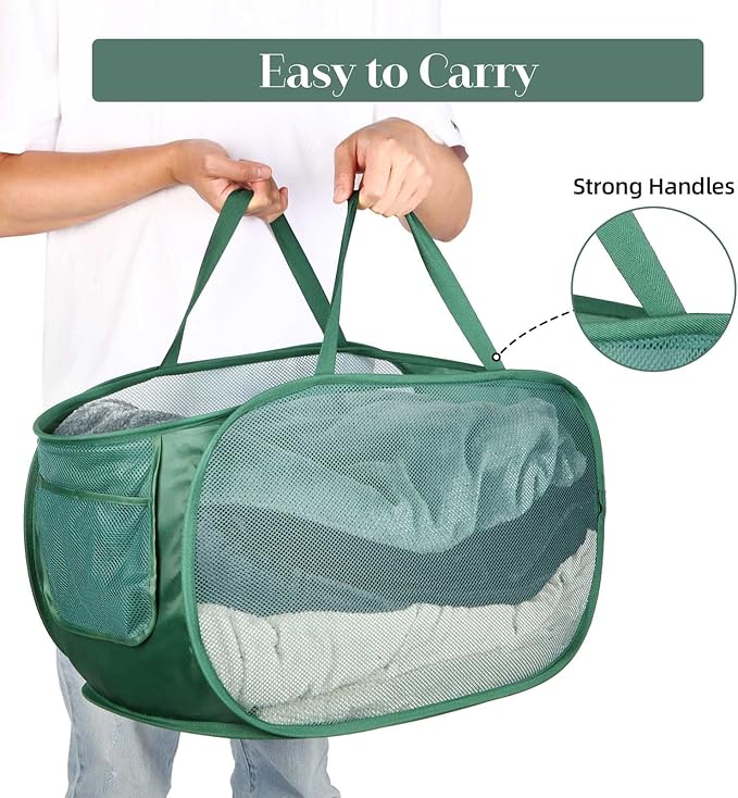 Sturdy Mesh Pop Up Laundry Hamper, Collapsible Laundry Baskets with Side Pocket, Foldable Clothes Hamper with Reinforced Carry Handles for Laundry, Bathroom, Kids Room, Dorm or Travel Emerald