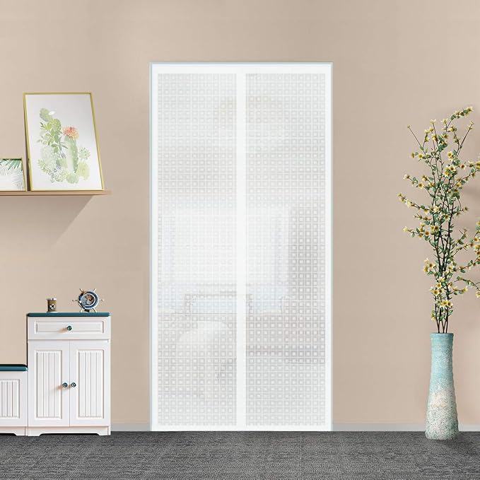Insulated Curtain, Thermal Magnetic Self-Sealing EVA Screen Keep Cold Out, Auto Closer for Kitchen, Patio, Air Conditioner Room, Hands Free, Fits Doors up to 34" x 80", White