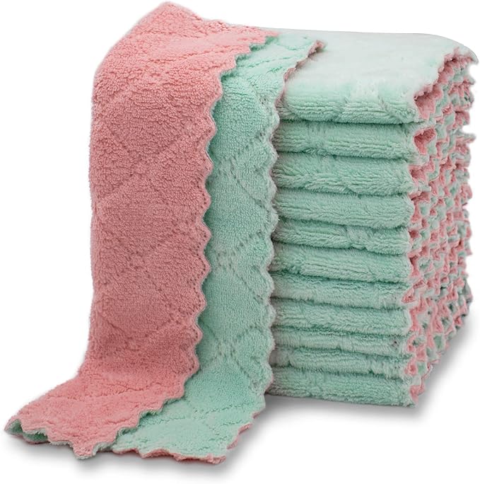 kimteny 12 Pack Kitchen Cloth Dish Towels, Premium Dishcloths, Super Absorbent Coral Velvet Dishtowels, Nonstick Oil Washable Fast Drying (Pink-Green)