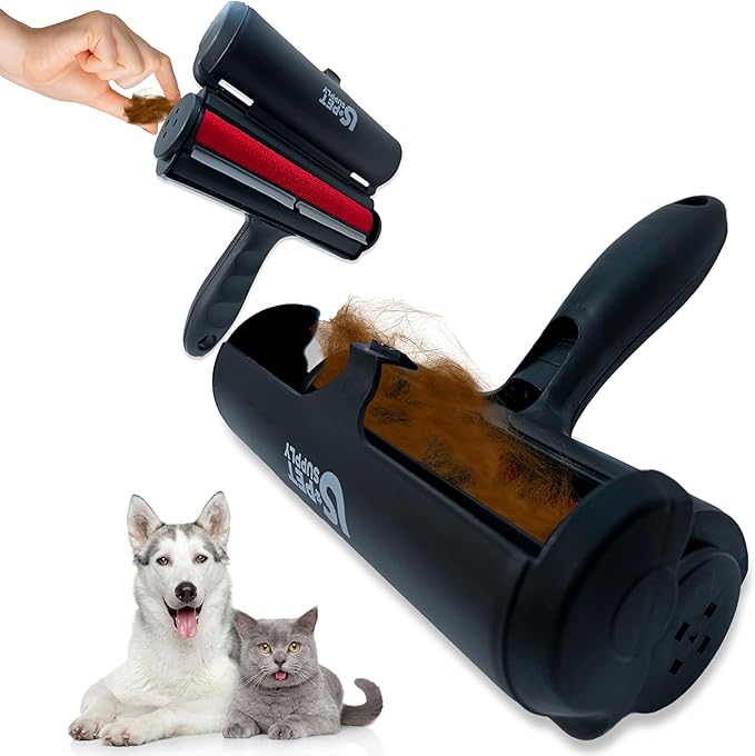 US PET SUPPLY Pet Hair Remover Roller-Reusable, Self Cleaning Lint Roller for Pet Hair Removal on Furniture, Carpets, Clothes & Car Seats-Dog & Cat Hair Remover No Sticky Tapes (Black)