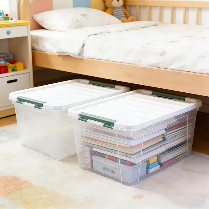 Parlynies 4-Pack Latching Lid Box, Large Clear Plastic Storage Bins, 35 Quart, Green Latch, Stackable Container Boxes for Home, Bathroom, Kitchen and Office Organization