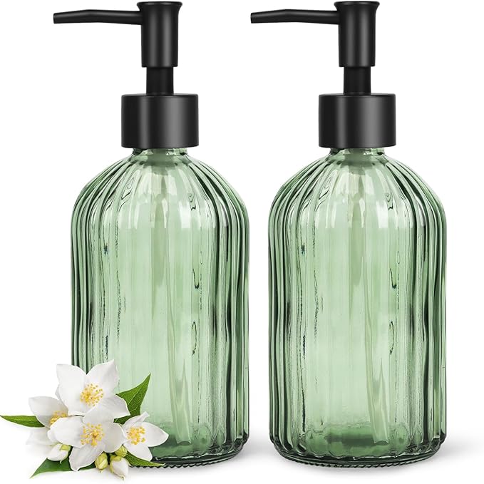 Topsky 2 Pack Glass Soap Dispenser with Plastic Pump, 400ml Liquid Hand Soap Dispenser, Rustproof Pump for Kitchen & Bathroom, Great for Lotions, Essential Oil, Liquid Soaps,Army Green