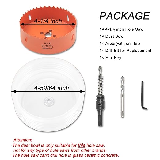 4.25 Hole Saw for Recessed Lights Can Lights, 4-1/4 Inch Hole Cutter with Dust Bowl Catcher for Led Recessed Lighting 4 Inch and Wood Metal Drywall, Bi-Metal Construction