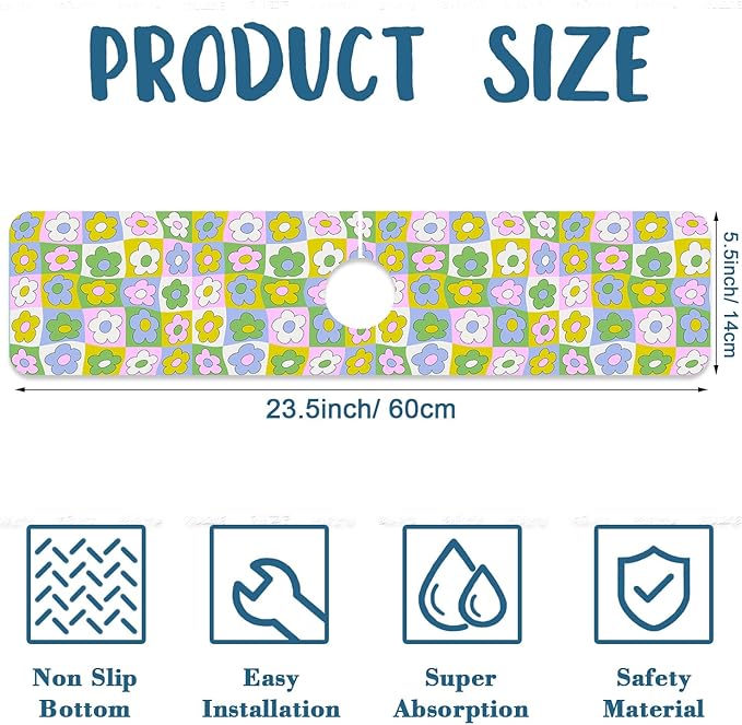 Cute Flowers Sink Splash Guard Retro Floral Faucet Absorbing Mat Fast Drying Mat Sink Gadgets Splash Guard Behind Faucet Drip Catcher for Kitchen Bathroom, 23.5"x5.5"