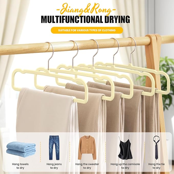Jiang&Rong 30-Pack Velvet Pants Hangers, Space Saving Slim and Ultra-Thin Non-Slip with 360° Rotating Hooks Felt Hangers, Strong Load-Bearing Capacity Hangers(Beige)
