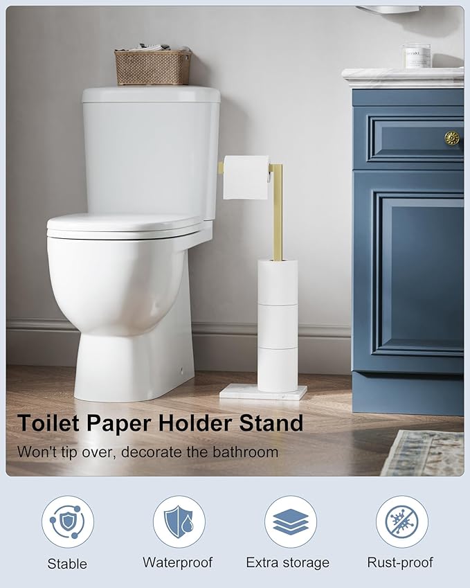 Toilet Paper Holder Stand Brushed Gold SUS 304 Stainless Steel Rustproof Free Standing 22" Rotating Bathroom Tissue Roll Holder for 4 Rolls with Marble Base by HOMEMYSTIQUE