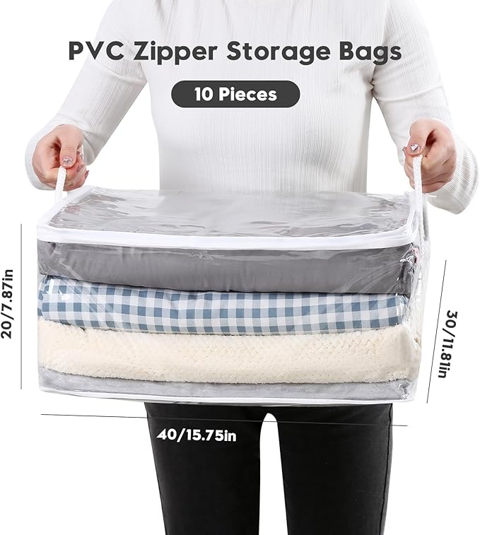 10 PCS Clear Zippered Storage Bags with Handle,Sweater Storage with Zipper,Foldable Closet Organizer Bed Sheet Organizer,Cube Plastic Organizer,Bag,Bin for Clothes,Towel-15.7 * 11.8 * 7.9