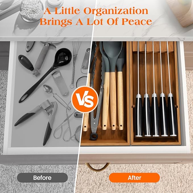 Carbonized Bamboo Kitchen Silverwar Drawer Organizer,14.2 inch Length Natural Utensil Flatware Organizers Tray Storage for Spoons Forks & Knives