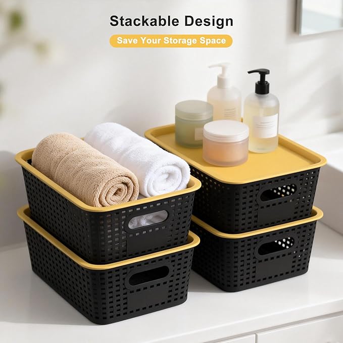 AREYZIN Plastic Storage Bins with Lid,Stackable Storage Bins and Storage Baskets for Shelves,Small Baskets for Organizing, Small Storage Bins,10.2x7.2x4.1 Inch,6-Pack, Black