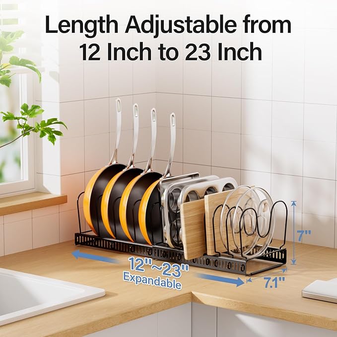 ORDORA Pots and Pans Organizer under Cabinet with Pot Lid Organizer, Expandable Rack for Pan and Pot Organizers Inside Cabinet, 11.8"-22.8" Adjustable with 12 Dividers for Kitchen Organization, Black