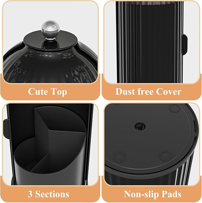 Zufudo Dustproof Toothbrush Holders with Cover, Rotating Electric Toothbrush and Toothpaste Holder for Bathroom Countertop, 3 Slots Makeup Brushes Organizer, Solid Black