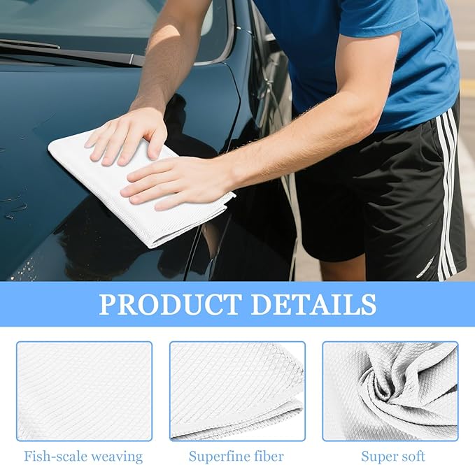 6PCS Microfiber Glass Cleaning Cloth, 12"×24" Fish Scale Cloth for Car Glass & Window Cleaning, Lint-Free Streak-Free, Multi-Purpose Mirror Washing Towels, Car Cleaning Supplies (White)
