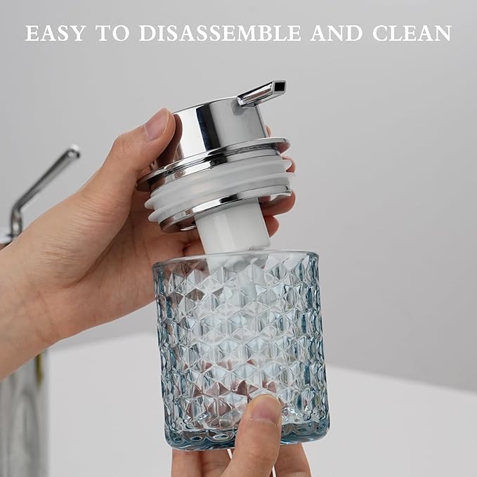 Hand Soap Dispenser Glass, Refillable Liquid Dispenser for Bathroom & Kitchen,Lotion Dispenser with Large Silver Pump（Diamond Pattern-Blue）