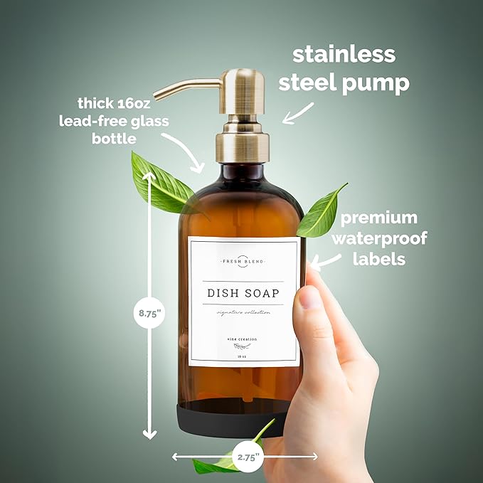 Vine Creations Amber Glass Soap Dispenser, 2 Pack Kitchen Soap Dispenser Set with Stainless Steel Pump, 16 oz Dish Soap and Hand Soap Dispensers for Bathroom with Waterproof Labels and Protective Pads