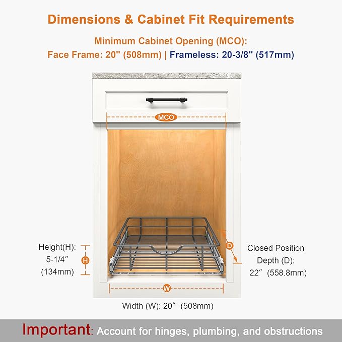 ALINE FURNITURE Pull Out Shelves - 20" W x 22" D Soft Close Pull Out Cabinet Organizer 1 Tier - Slide Out Drawers with Shelf Liner, Heavy Duty Steel Wire Baskets for Kitchen Cabinets, Pantry, Bathroom