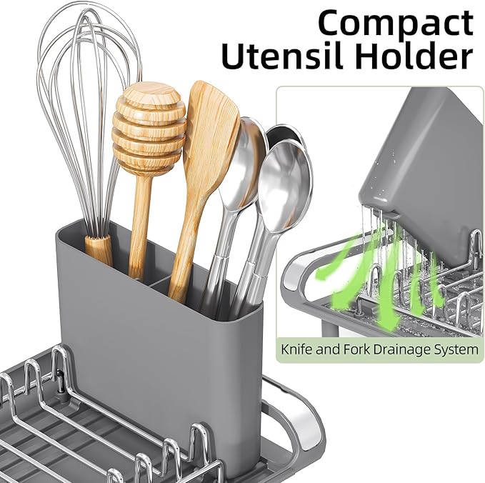 TOOLF Small Dish Drying Rack, Mini Expandable Compact Dish Rack, Slim Extendable Stainless Steel Dish Drainer for Kitchen Plate Storage, Space Saving Dish Strainer in Sink or on Home Countertop, Gray