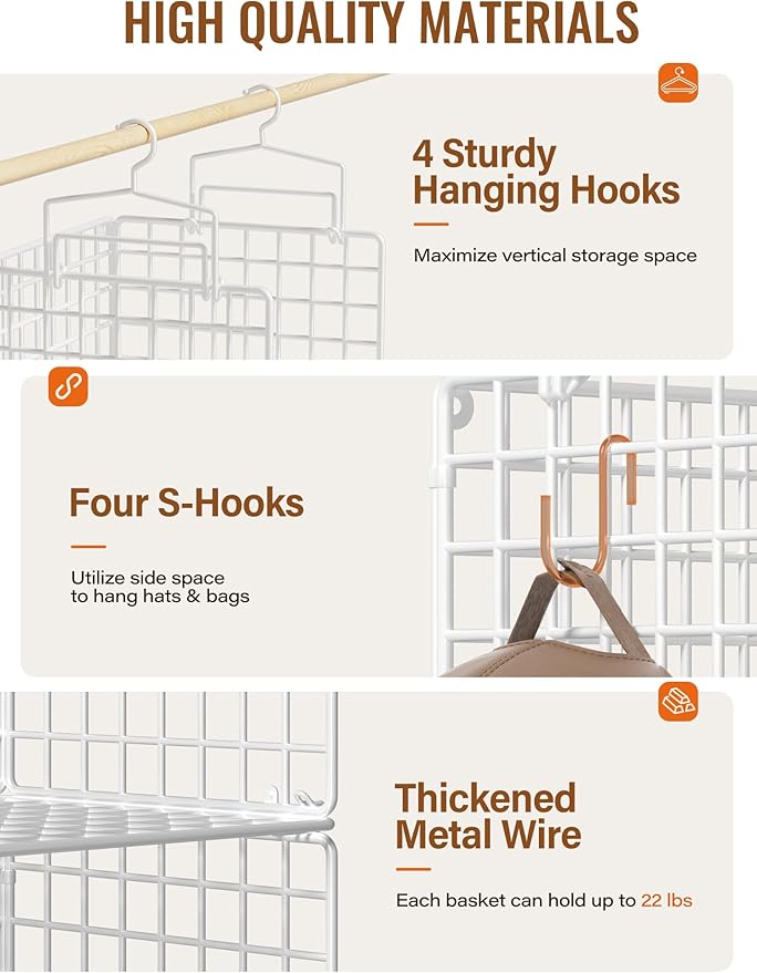 6 Tier Closet Hanging Organizer, Metal Closet Organizers and Storage with 4 Hanging Hooks 4 S-Hooks for Wardrobe Laundry Room, Wire Storage Shelf for Clothes Sweaters Pants (White)