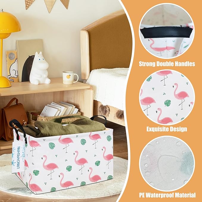 LANGYASHAN Rectangular Storage Bin Collapse Canvas Fabric Cartoon Storage Basket with Handles for Organizing Home Kitchen Boys and Girls Toys Office Closet Shelf Baskets(Rec Leaf Flamingo)