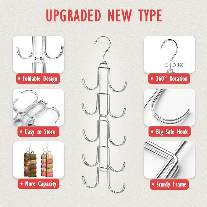 2 Pack Purse Organizer for Closet, Upgraded Purse Hangers with 20 Big Hooks, 360 Degree Rotation for Better Organizer and Display, Collapsible Space Saving Hangers Rack for Handbag, Tie, Silver