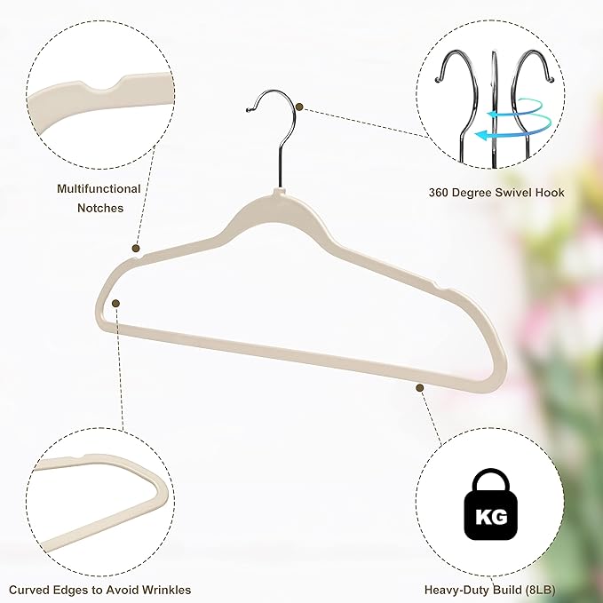 Quality Hangers Multi Pack Slim Plastic Hangers for Clothes - Sturdy Non-Velvet Pink Hangers with 360° Swivel Chrome Hook & Notches - Versatile for Coats Shirts Dresses (50, Ivory, 17.7" inch)