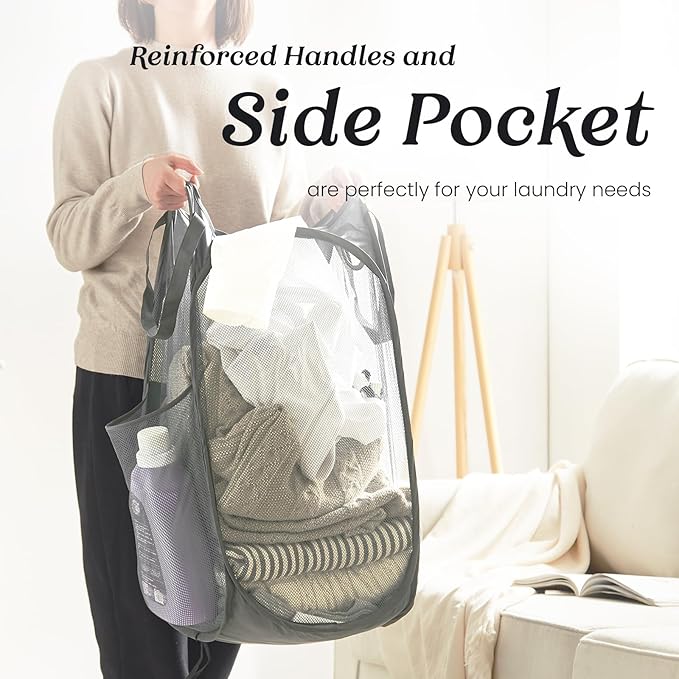 TECHMILLY Collapsible Mesh Pop Up Laundry Hamper with Sturdy Handles and Side Pocket - Portable Foldable Clothes Baskets for Dorm, Bathroom & Travel Storage (Grey)