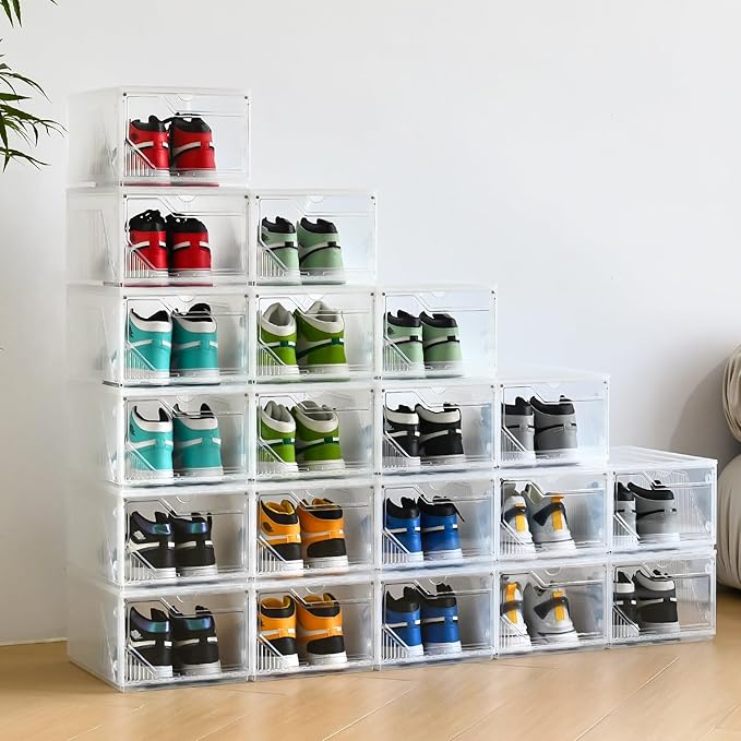 Large Shoe Boxes Clear Plastic Stackable，Drop Front Shoe Box with Clear Door, Shoe Containers For Sneaker Display,Fit up to US Size12 (white clear-Conjoined structure, 10 pack)