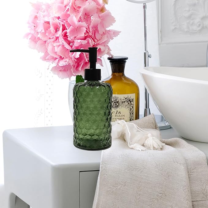 Green Glass Soap Dispenser with Plastic Pump, 17oz Hand Soap Dispenser for Kitchen & Bathroom, Great for Lotions, Essential Oil, Liquid Soaps