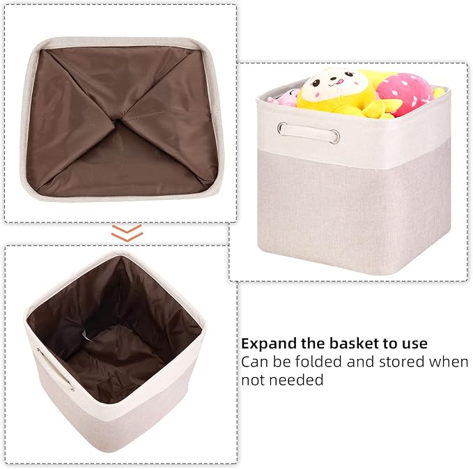 3 Pack 13x13x13 Storage Cube Bins with Handles, Beige Fabric Storage Baskets Heavy Duty Foldable - Cloth Organizer Bins for Closet, Shelf, Office (13 Inch Cube Storage Bins)